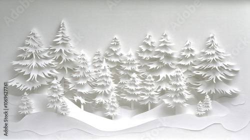 Obraz na płótnie White paper cut out forest with layered trees and snow, creating serene winter scene w salonie