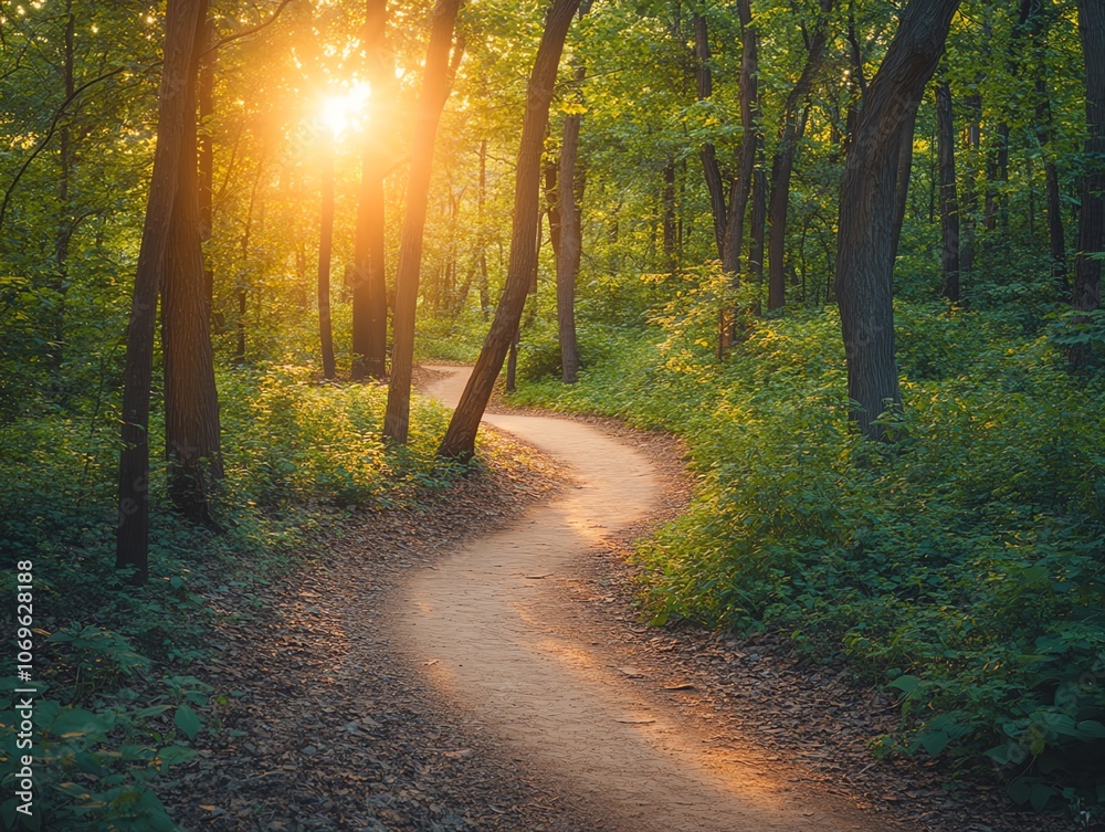 Fototapeta premium A winding dirt path through a lush green forest at sunset, with the sun shining through the trees.