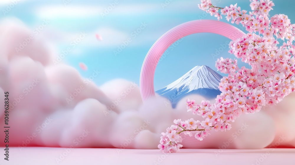 The serenity of mount fuji framed delicate cherry blossoms in a stunning iconic scene The serenity of mount fuji framed delicate cherry blossoms in a stunning iconic scene