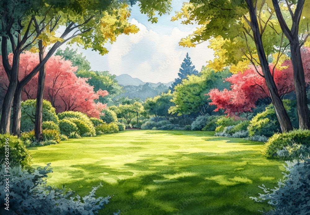 Fototapeta premium 緑豊かな風景の水彩イラスト