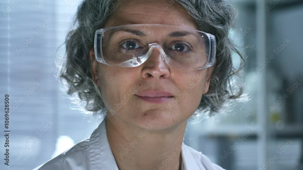 Experienced female scientist with curly grey hair, wearing safety goggles and lab coat, posing at camera during workday in laboratory. Video portrait Experienced female scientist with curly grey hair, wearing safety goggles and lab coat, posing at camera during workday in laboratory. Video portrait