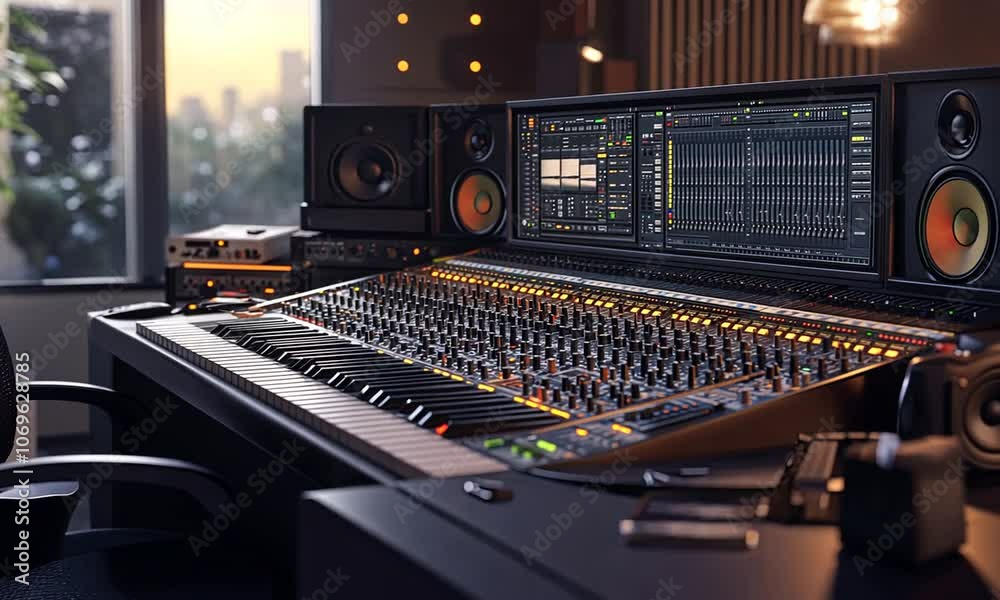 Audio Studio Mixing Console with Digital Interface and Warm Ambient Lighting in a Modern Setup Audio Studio Mixing Console with Digital Interface and Warm Ambient Lighting in a Modern Setup