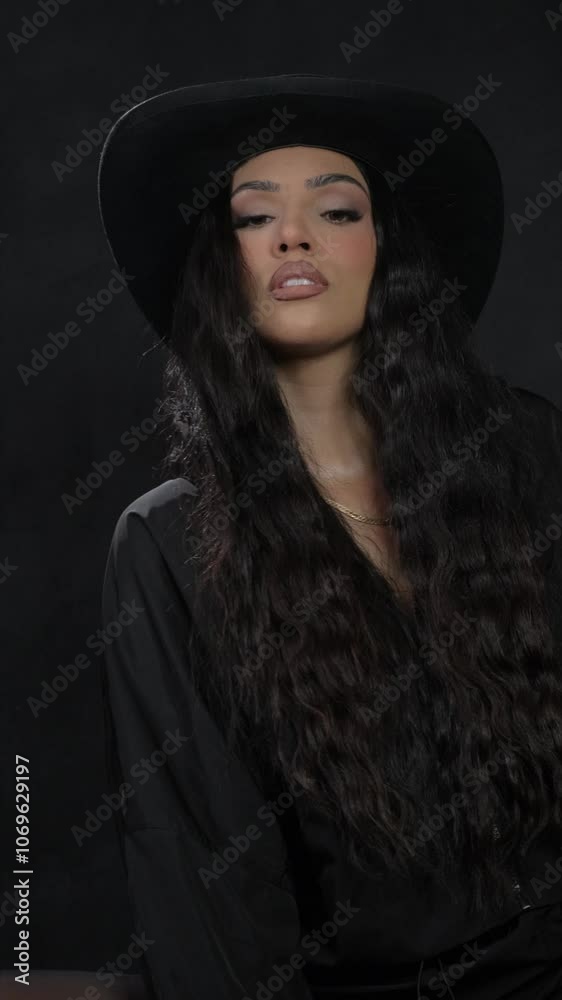 A brunette with wavy hair in a black cowboy hat and a golden chain around her neck poses for a photographer A brunette with wavy hair in a black cowboy hat and a golden chain around her neck poses for a photographer