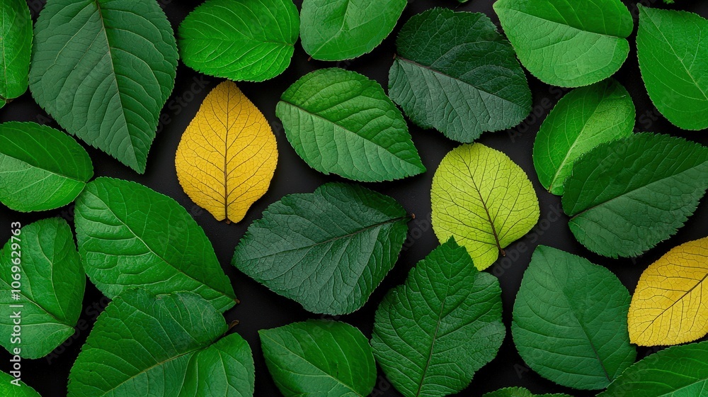 Fototapeta premium Green and Yellow Leaves Pattern on Black Background Nature Texture Floral Design