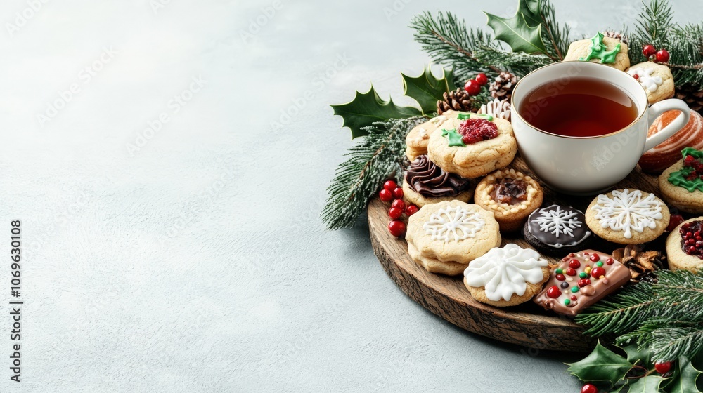 Holiday Themed Cookie Arrangement with Tea Holiday Themed Cookie Arrangement with Tea