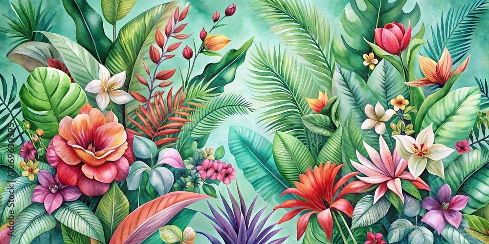 A Lush Canopy of Vibrant Tropical Blooms and Verdant Foliage, Illuminated by a Softly Filtered Light A Lush Canopy of Vibrant Tropical Blooms and Verdant Foliage, Illuminated by a Softly Filtered Light