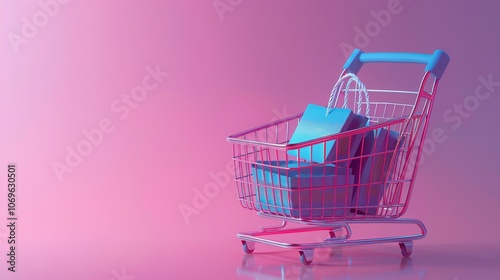  Online shopping via Internet. Mobile phone with a basket