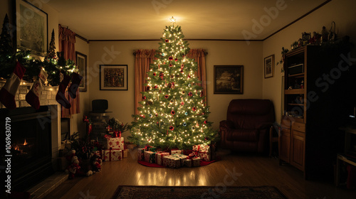 Festively decorated Christmas tree shining bright in a cozy living room during the holidays