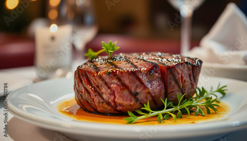 gourmet fillet mignon steak at five star restaurant highlighted by white, png