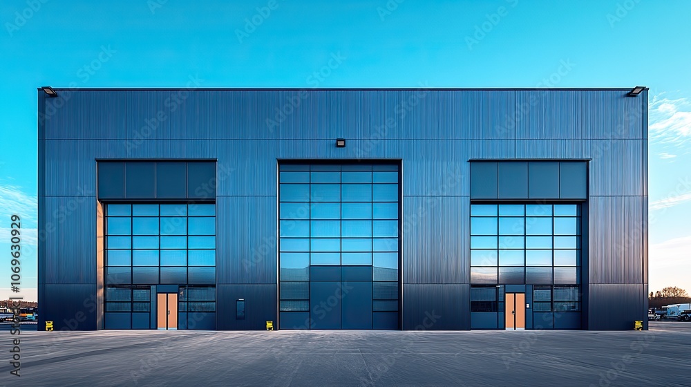 Details of a gray aluminum-panel facade with windows and doors on an industrial building. Details of a gray aluminum-panel facade with windows and doors on an industrial building.