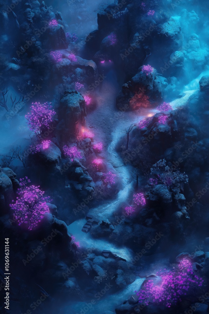 Fototapeta premium Fantasy Mushroom Forest Tabletop RPG Exterior Map Roleplaying Dungeon Battlemap, Adventure Games Encounters, Gaming Art Design, TTRPG Buildings Architecture Concept