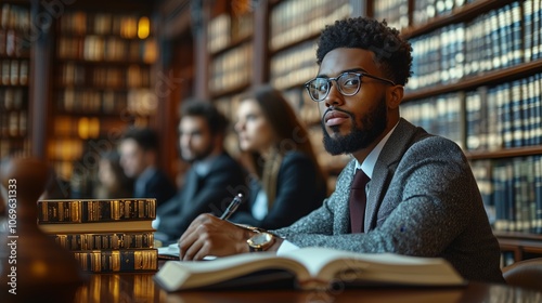 Diverse Law Students Studying Together in Library