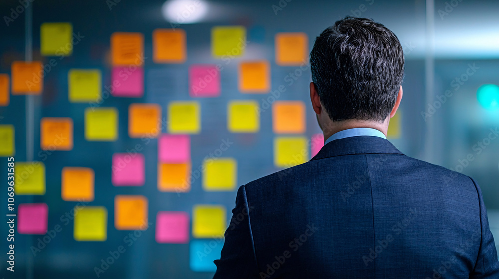 businessman analyzing colorful sticky note board in office setting, reflecting on strategies and ideas. atmosphere is focused and creative businessman analyzing colorful sticky note board in office setting, reflecting on strategies and ideas. atmosphere is focused and creative