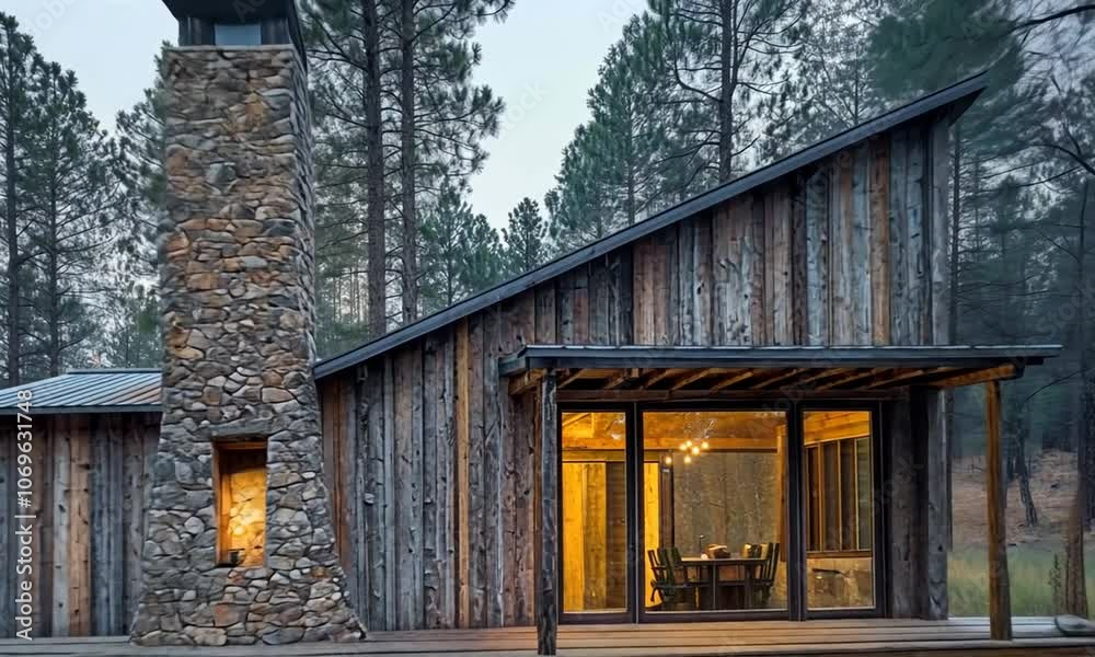 A rustic cabin with a stone chimney and large windows overlooking a forest. A rustic cabin with a stone chimney and large windows overlooking a forest.