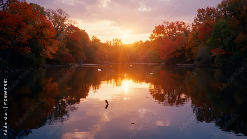 Obraz premium Tranquil Reflection of Autumn Lake and Maple Trees in Sunset Light, Nature's Red and Golden Hues