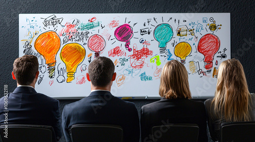 Business team brainstorming ideas in front of colorful virtual whiteboard filled with creative sketches and question marks, showcasing collaboration and innovation photo