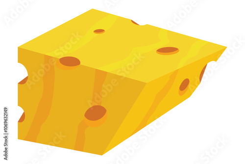 An illustration of a yellow cheese wedge with multiple holes, depicted in a playful cartoon style. Its smooth texture and bright color bring a whimsical element to the image