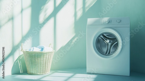 A white washing machine is in front of a basket of white clothes