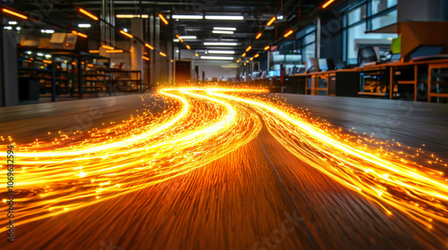 Futuristic workspace with light trails symbolizing fast movement and innovation. vibrant orange trails create dynamic atmosphere in modern office setting