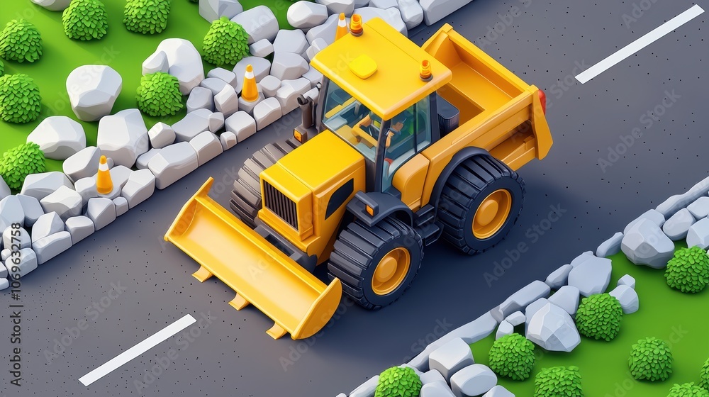 Obraz premium Colorful 3D bulldozer clearing a road with stone borders