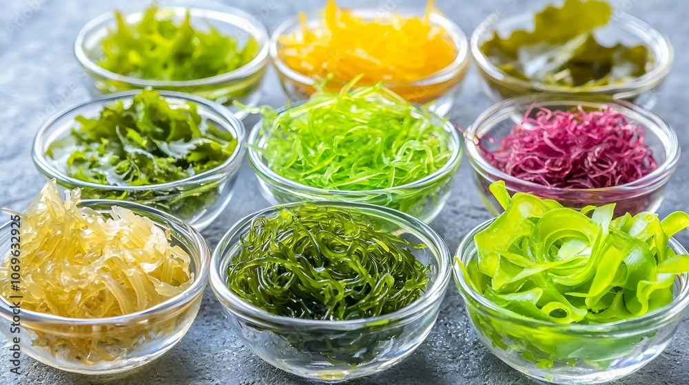 Variety of Edible Algae in Glass Bowls Variety of Edible Algae in Glass Bowls