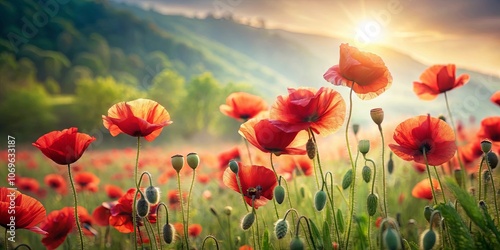 A field of vibrant red poppies bathed in the golden light of a setting sun, with delicate petals unfurling and showcasing the beauty of nature's simple grace.