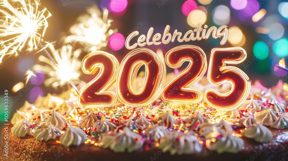 Festive New Year's Cake with Sparklers and Colorful Decorations Celebrating 2025 Festive New Year's Cake with Sparklers and Colorful Decorations Celebrating 2025
