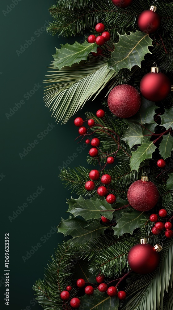 A festive arrangement of red ornaments and holly leaves on a dark green background, perfect for Christmas decoration. A festive arrangement of red ornaments and holly leaves on a dark green background, perfect for Christmas decoration.