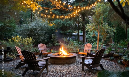 Cozy fire pit in a backyard with string lights and chairs, creating a warm and inviting atmosphere. photo