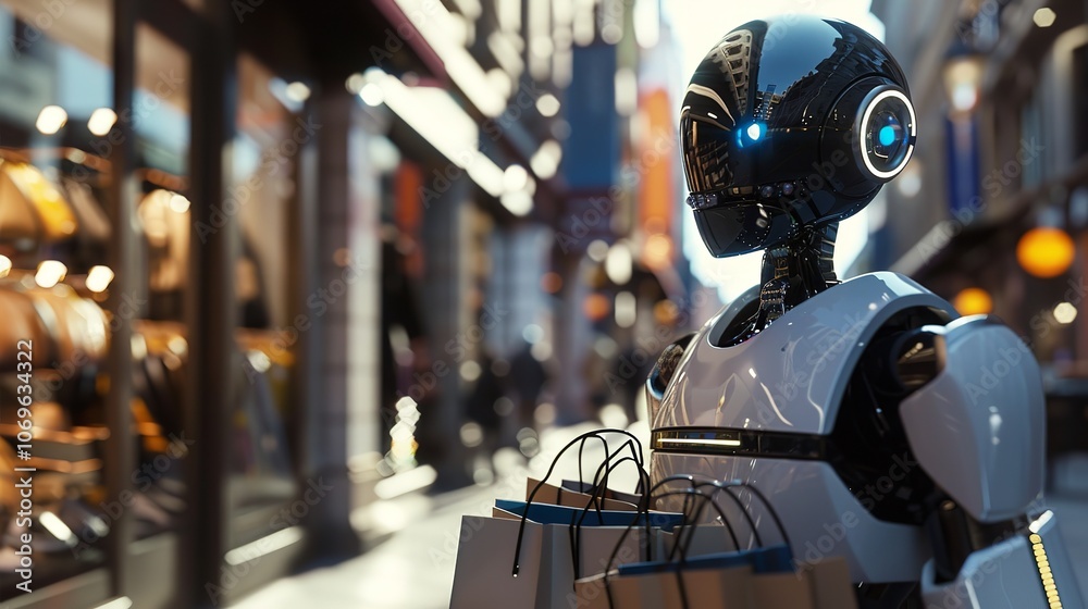 Robot with shopping bags in the city. Cyber Monday 8k render Robot with shopping bags in the city. Cyber Monday 8k render