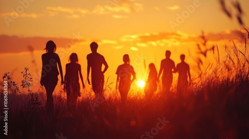 Silhouettes of people walking in a field during a vibrant sunset.