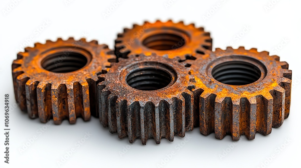 Four rusted gears isolated on a clean white background for industrial concepts. Four rusted gears isolated on a clean white background for industrial concepts.