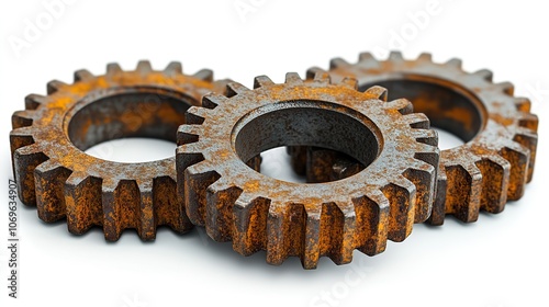 Four rusted gears isolated on a clean white background for industrial concepts.