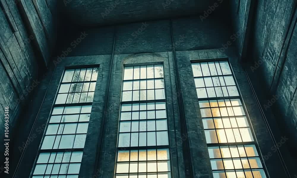 Three large windows in a concrete wall, with light shining through the middle window. Three large windows in a concrete wall, with light shining through the middle window.