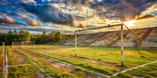 A solitary soccer goal stands on a neglected field, bathed in the warm glow of the setting sun, the empty bleachers overlooking the abandoned dreams of a bygone era.