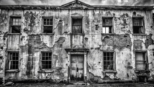 A decaying facade of a building reveals the stories etched into its weathered walls and shattered windows, whispering tales of forgotten grandeur.