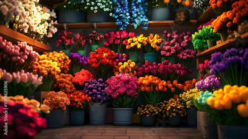 A colorful flower shop filled with various blooms in different shades and colors on wooden shelves and buckets.