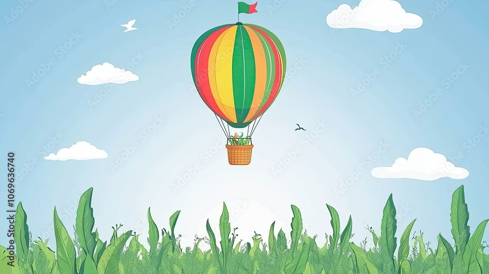 Naklejka premium A colorful hot air balloon floats above a field of green grass, with white clouds and a blue sky in the background.