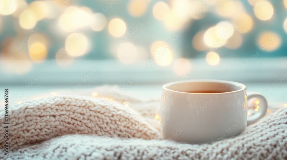 A white ceramic cup filled with tea, sitting on a warm, knitted blanket, with soft bokeh lights in the background for a cozy atmosphere. A white ceramic cup filled with tea, sitting on a warm, knitted blanket, with soft bokeh lights in the background for a cozy atmosphere.