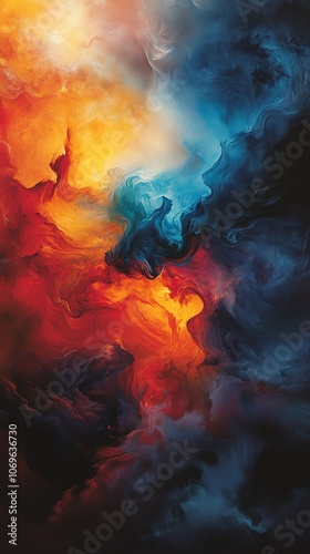 Abstract art with swirling colors of red, orange, blue and grey in a cloud like formation.