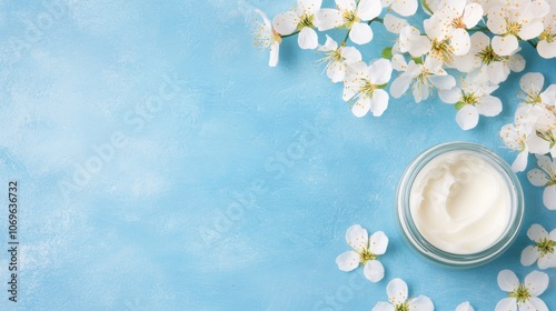 Moisturizing cream sits in a glass jar, accompanied by fresh spring blossoms on a serene blue backdrop