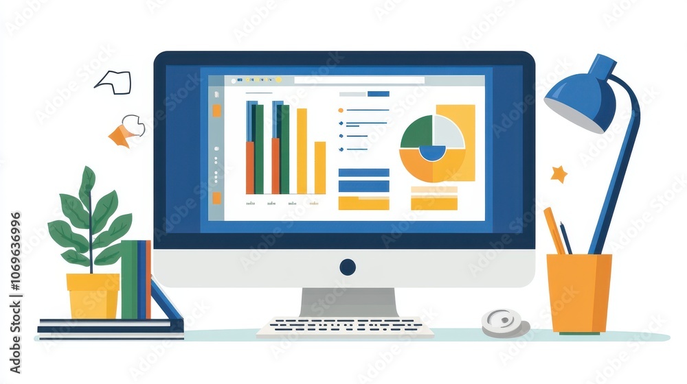 A desktop computer displaying a virtual classroom interface with a teacher sharing educational media, isolated on a clean white background. A desktop computer displaying a virtual classroom interface with a teacher sharing educational media, isolated on a clean white background.