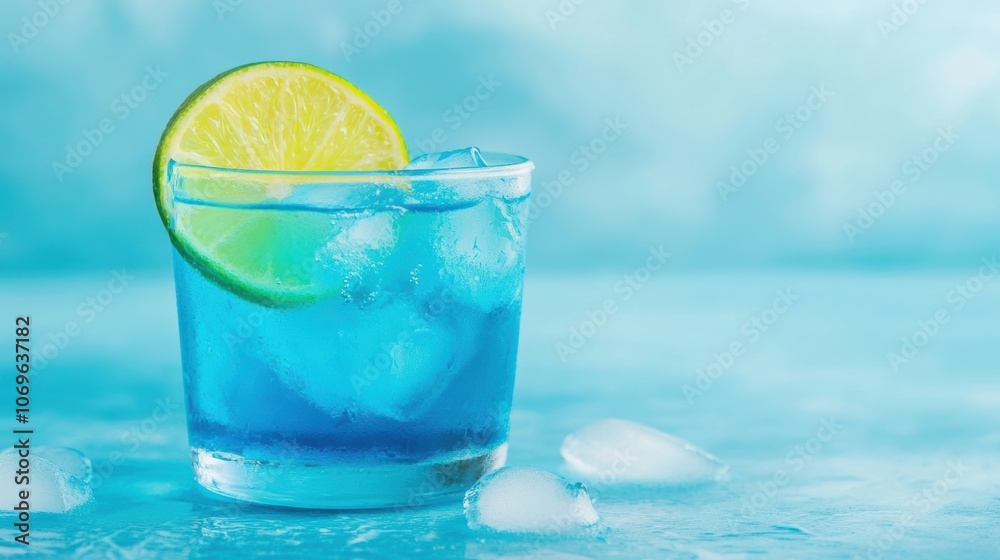 A refreshing blue cocktail garnished with a lime slice, surrounded by ice cubes on a frosty, aqua background. A refreshing blue cocktail garnished with a lime slice, surrounded by ice cubes on a frosty, aqua background.