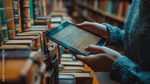 Hand placing a tablet PC among library shelves, representing the integration of digital and physical learning.