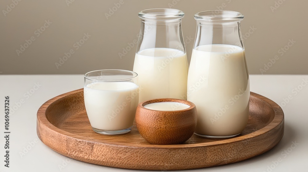 Glass Bottles and Bowls of Fresh Milk on Wooden Tray Glass Bottles and Bowls of Fresh Milk on Wooden Tray