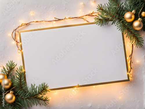 Blank business card with christmas tree branches and golden garland lights. New year celebration concept banner. Gift certificate. Side view. Cozy frame decoration. Invitation to an event or party.