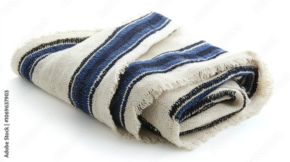 A finely woven prayer shawl (tallit) with blue stripes, symbolizing Yom Kippur, isolated on a clean white background. A finely woven prayer shawl (tallit) with blue stripes, symbolizing Yom Kippur, isolated on a clean white background.