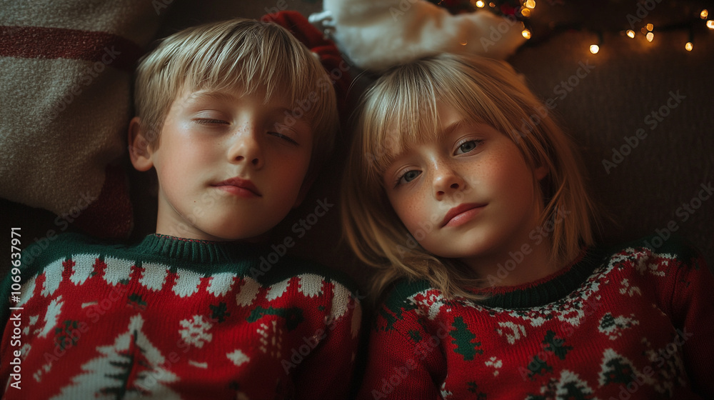 Children in cozy holiday sweaters resting together by the festive lights at home Children in cozy holiday sweaters resting together by the festive lights at home