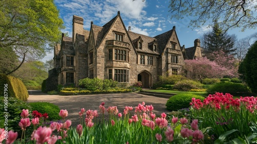 Majestic castle gatehouse crafted from stone, surrounded by vibrant spring wildflowers in bloom. AI generated