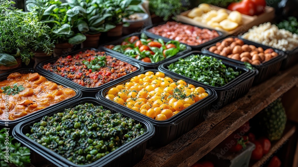 Obraz premium Colorful array of fresh vegetables, herbs, and prepared ingredients in containers, perfect for cooking or meal prep